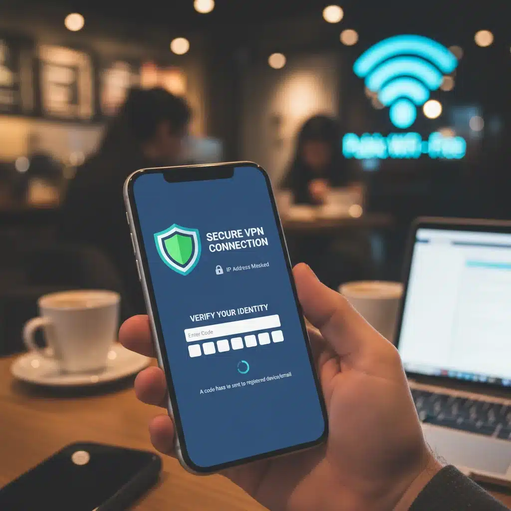 Smartphone displaying VPN and multi-factor authentication in a public setting