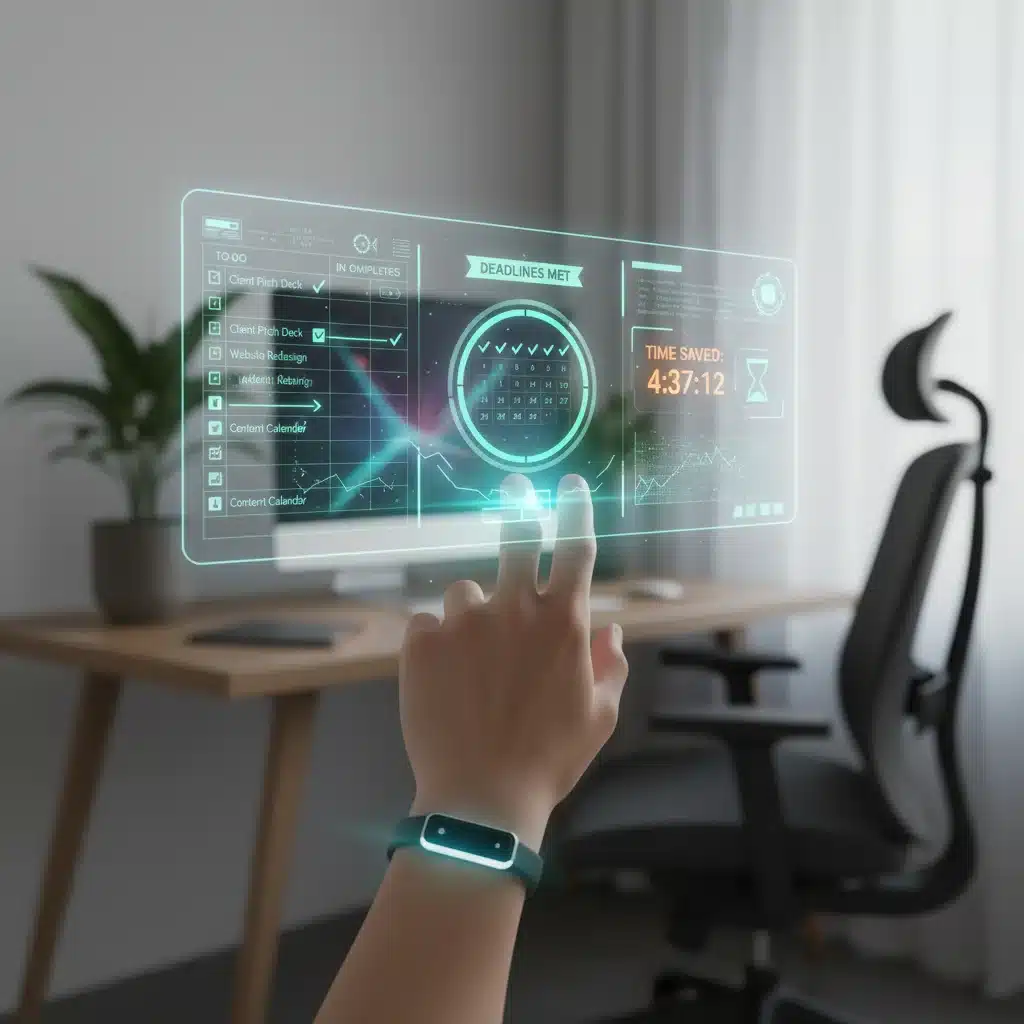 Holographic display showing automated project management and scheduling