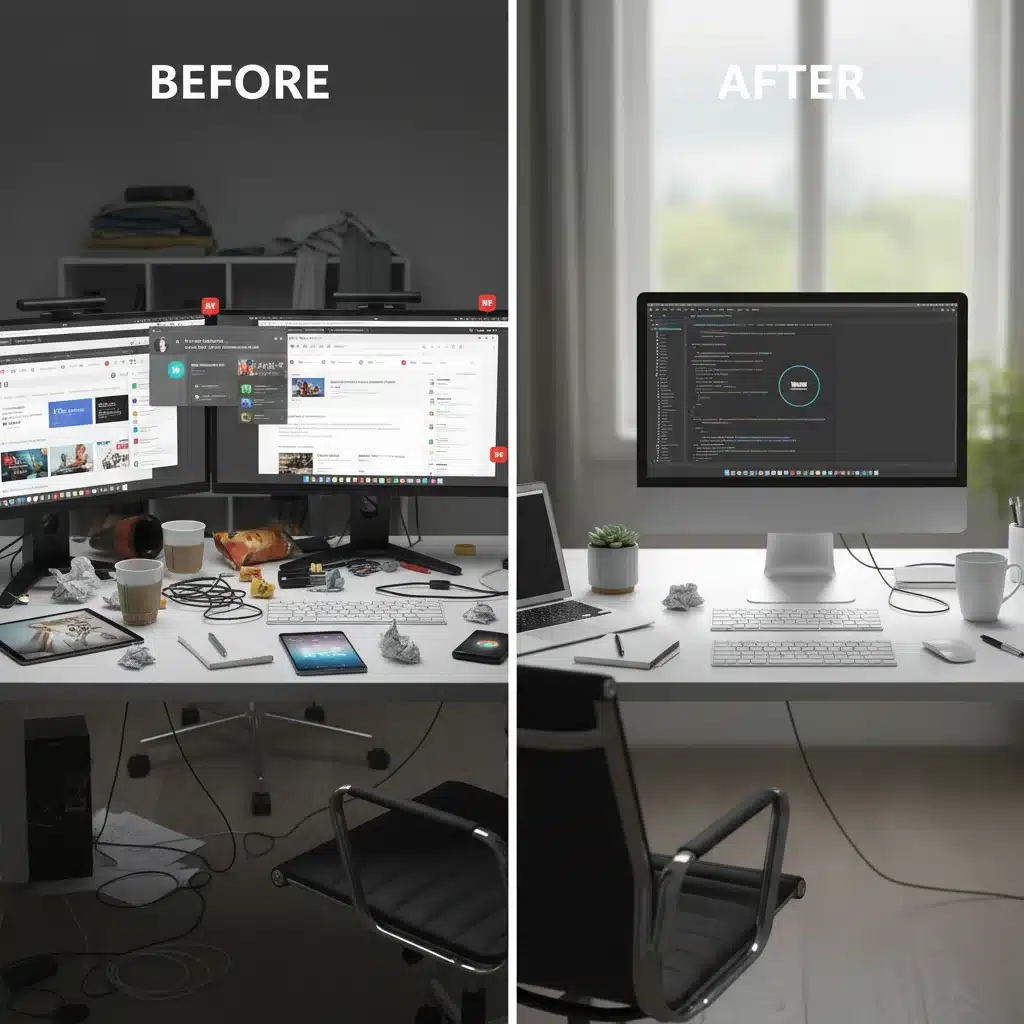 Comparison of a cluttered, distracting workspace versus a clean, focused one.