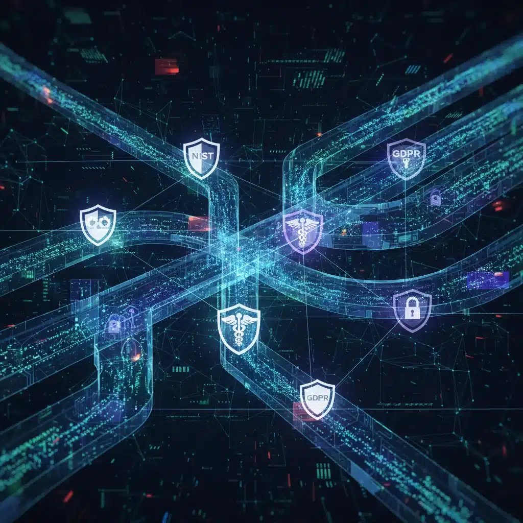 Abstract data flow with cybersecurity compliance symbols and encryption