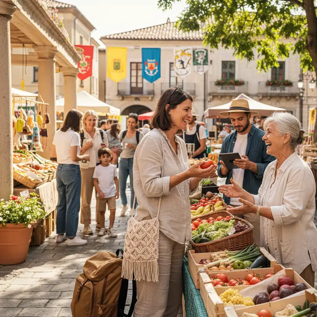Digital nomad engaging in a local farmers market, connecting with community members.