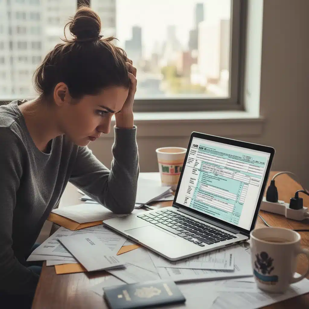 Digital nomad grappling with complex US tax forms on laptop.