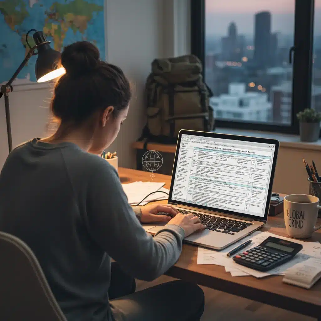 Digital nomad reviewing complex US tax forms on a laptop in a home office, symbolizing tax compliance challenges.