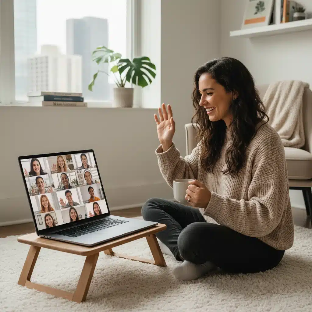 Digital nomad engaging in virtual community event from US apartment.