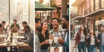 Digital Nomad Community Building US 2026: Connect & Belong Diverse group of digital nomads connecting in a modern co-working space in a US city.
