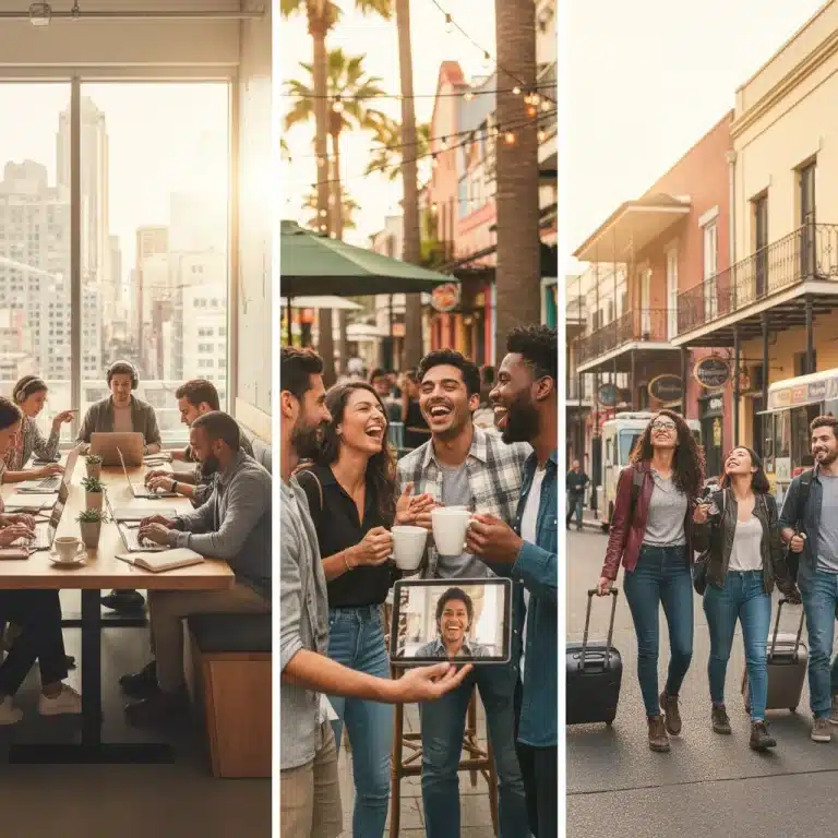 Diverse group of digital nomads connecting in a modern co-working space in a US city.