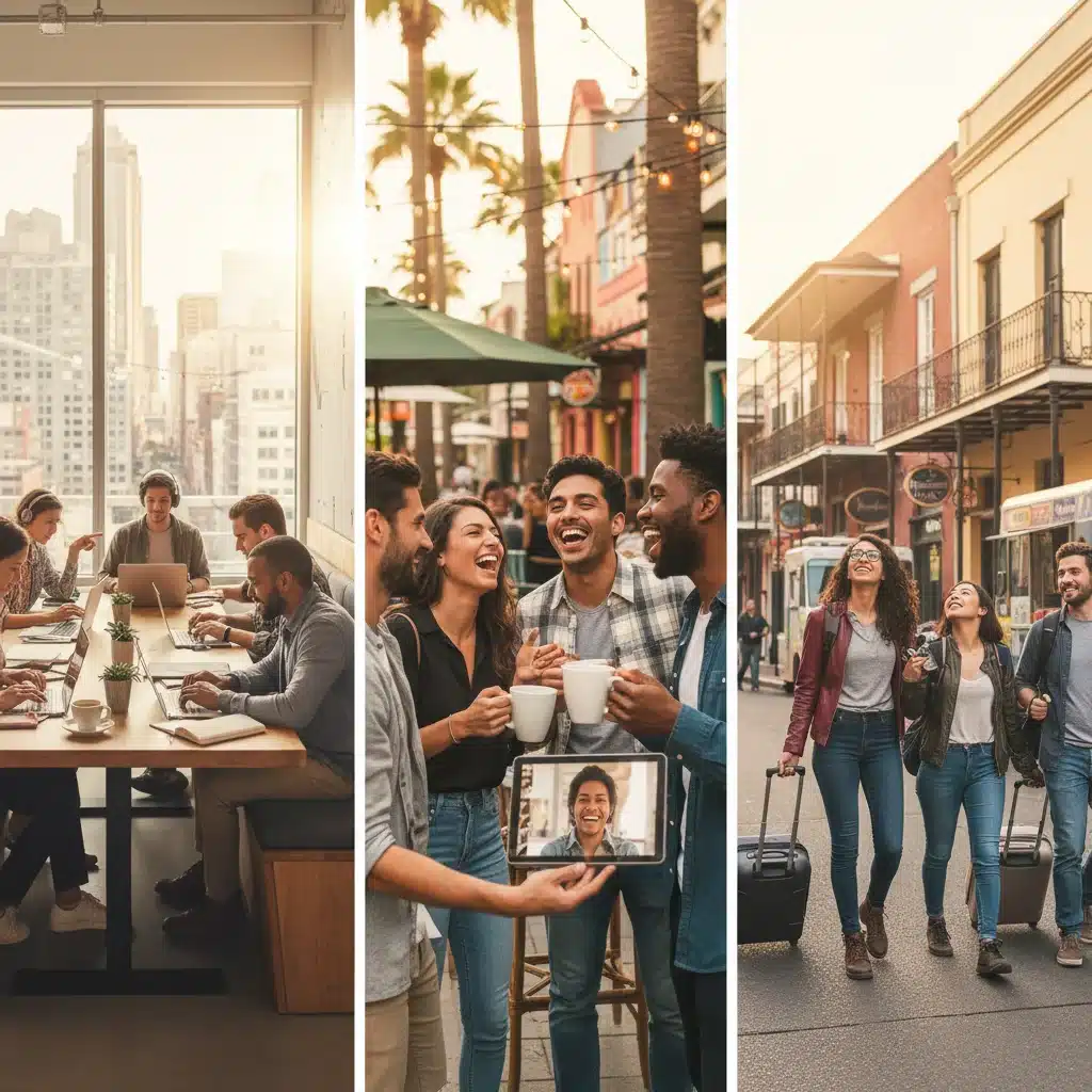 Diverse group of digital nomads connecting in a modern co-working space in a US city.