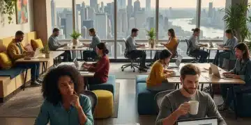 Digital nomads facing challenges in a US co-working space, diverse group.