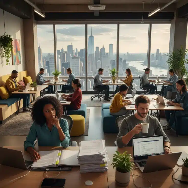 Digital nomads facing challenges in a US co-working space, diverse group.