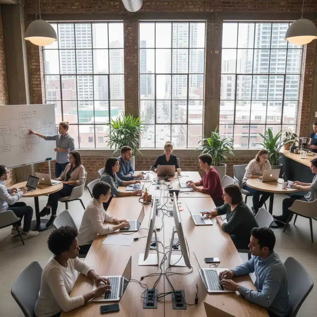 Digital nomads working in a modern US co-working space, illustrating legal frameworks for remote workers.