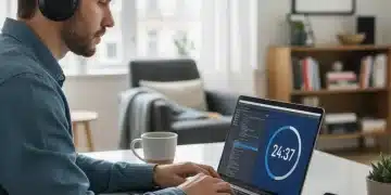 Beyond Pomodoro: Boost Freelancer Productivity with the 25-Minute Focus Method Focused freelancer using a 25-minute productivity technique on a laptop