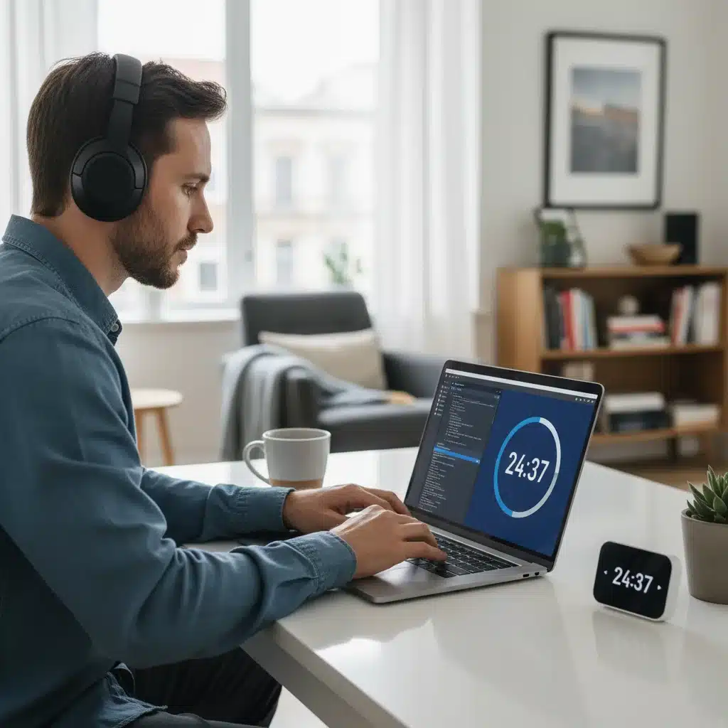 Focused freelancer using a 25-minute productivity technique on a laptop