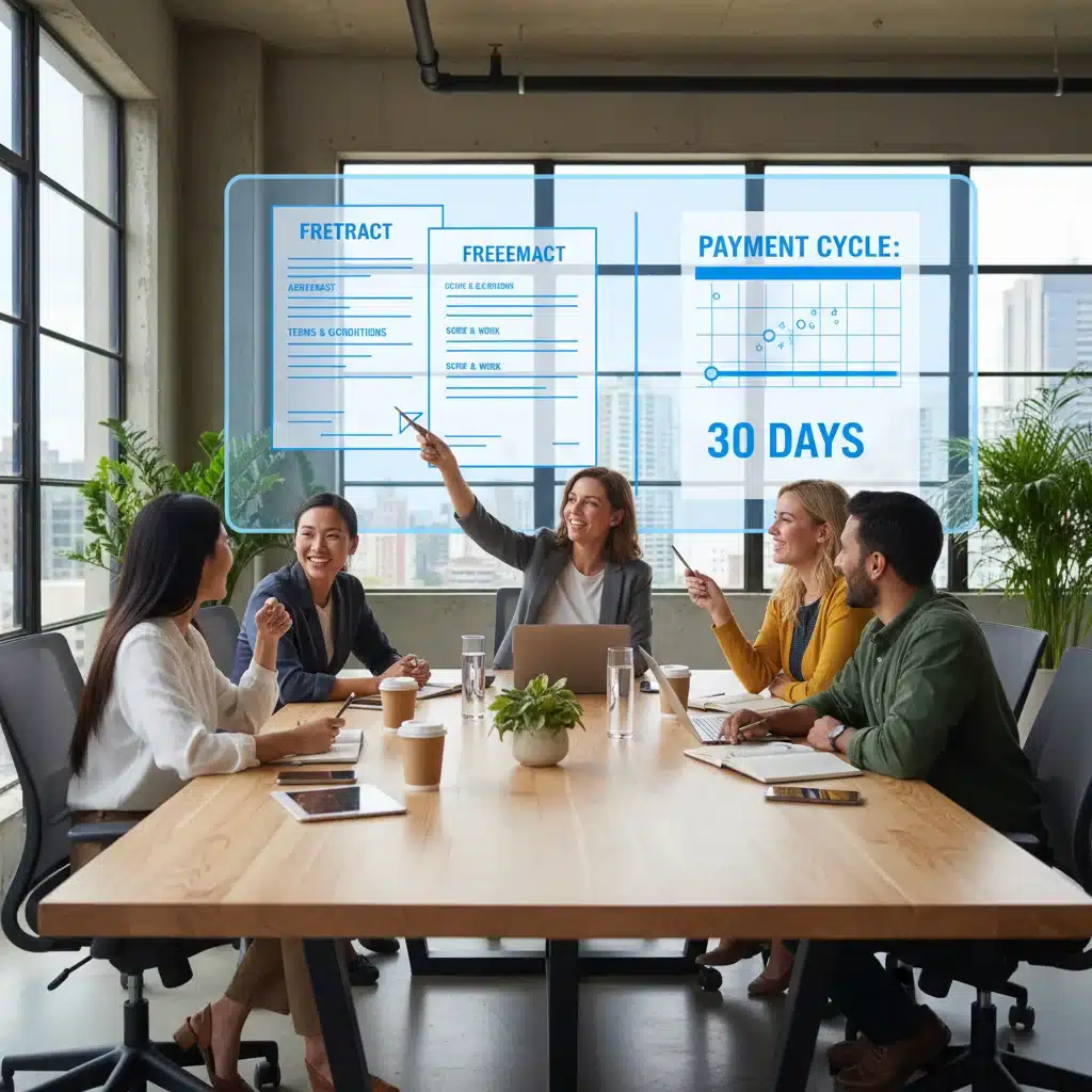 Freelancers confidently negotiating contract terms in a modern office setting.