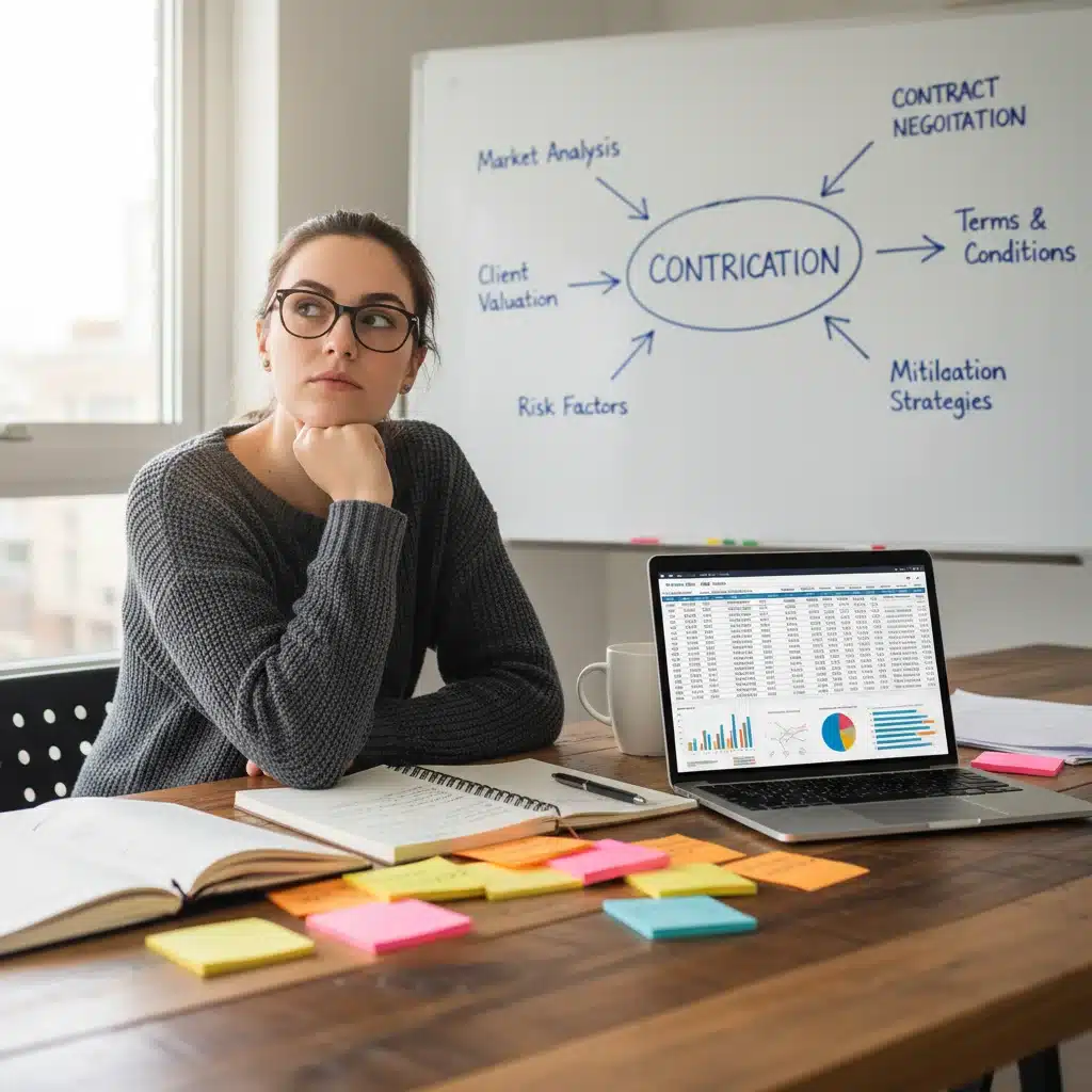 Thoughtful freelancer planning negotiation strategy with financial projections.