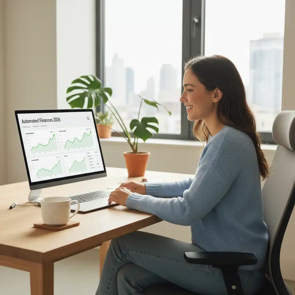 Freelancer smiling at laptop showing automated financial dashboard