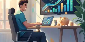 Freelancer planning retirement with a laptop, piggy bank, and financial charts.