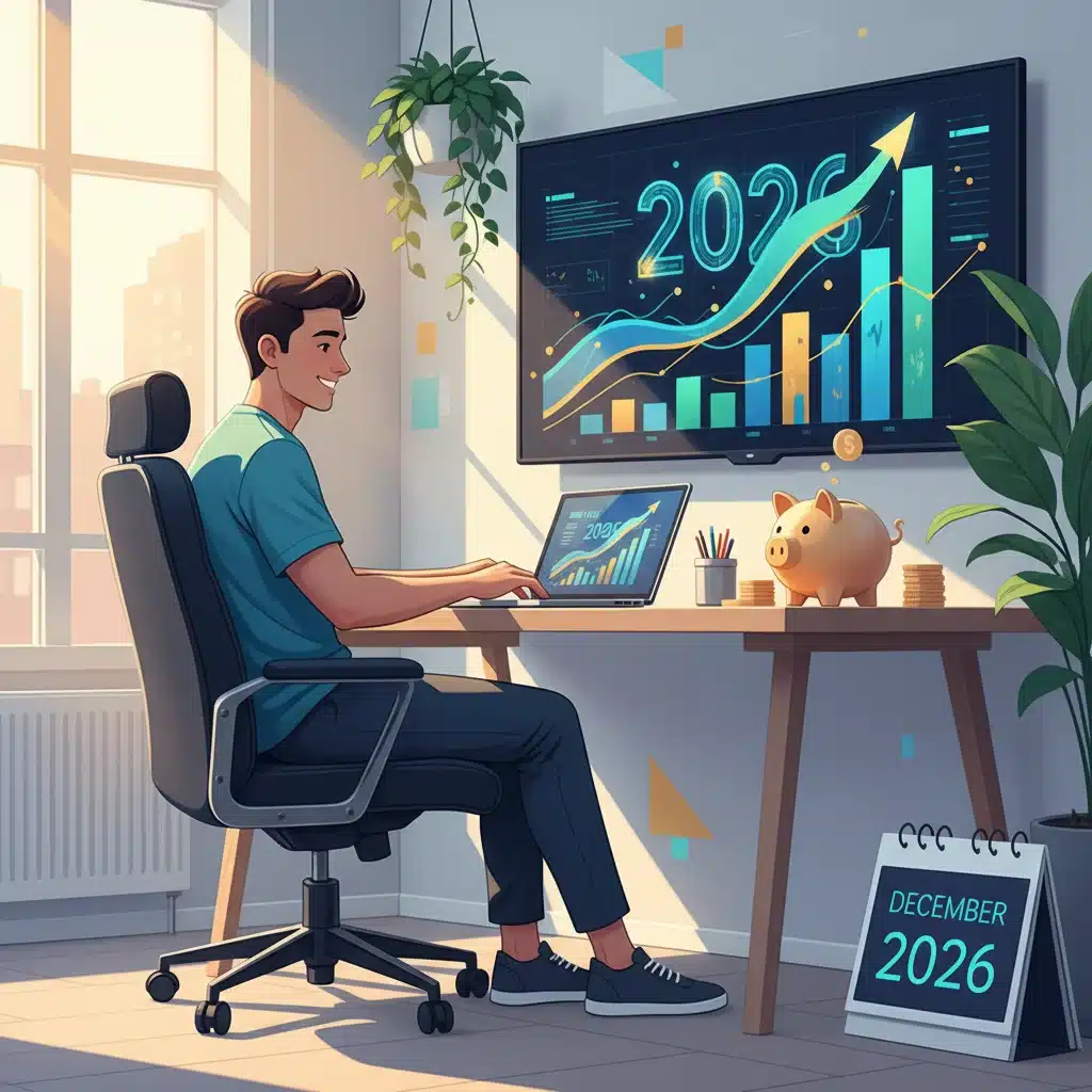 Freelancer planning retirement with a laptop, piggy bank, and financial charts.