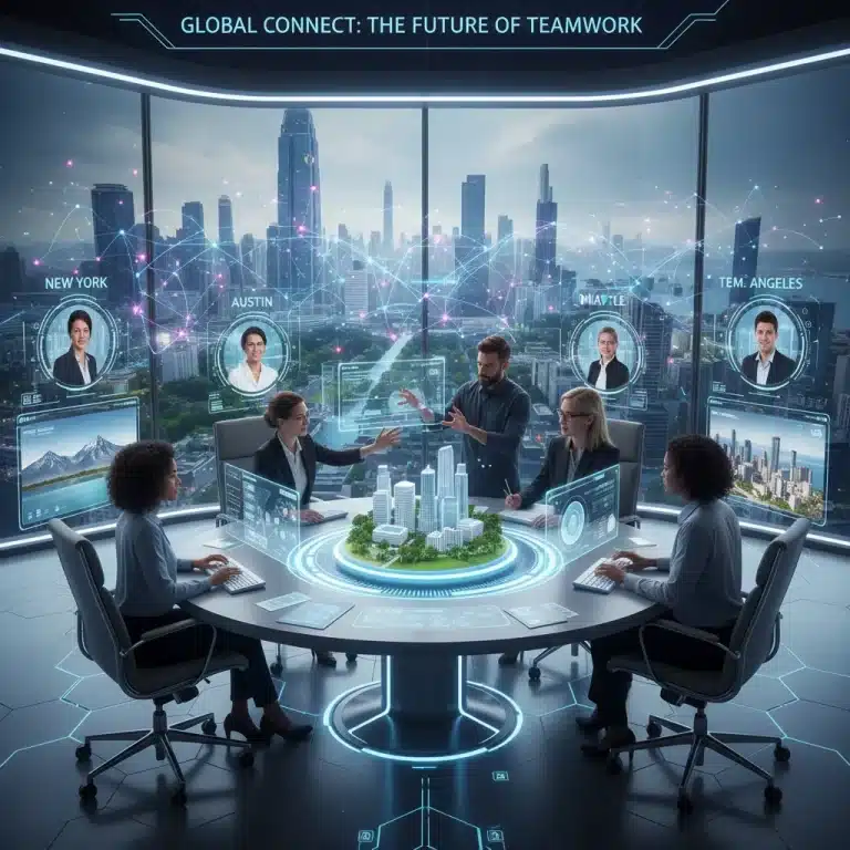 Futuristic remote team collaborating seamlessly with advanced digital tools