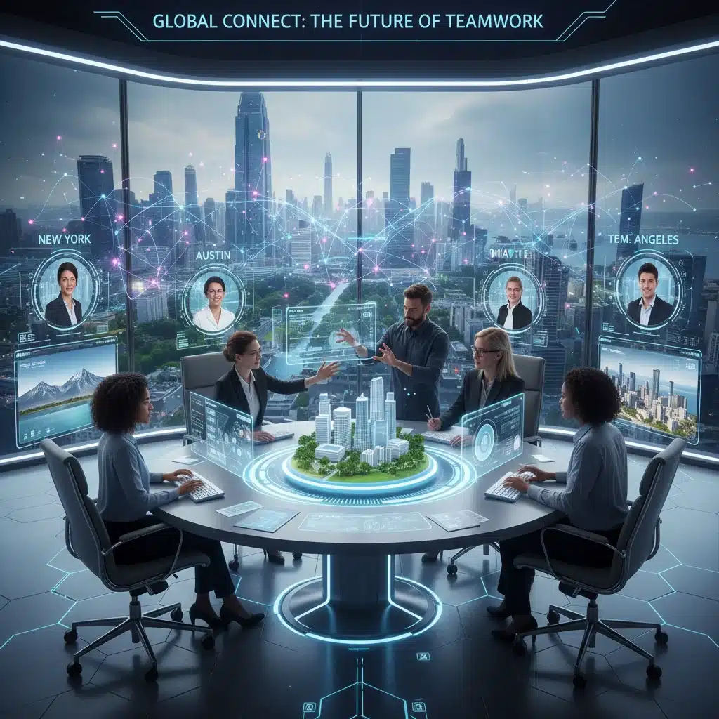 Futuristic remote team collaborating seamlessly with advanced digital tools
