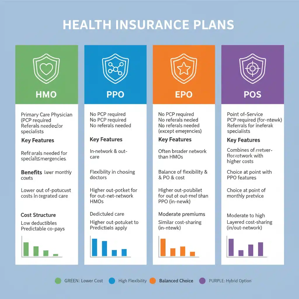 Infographic comparing HMO, PPO, EPO, POS health insurance plans