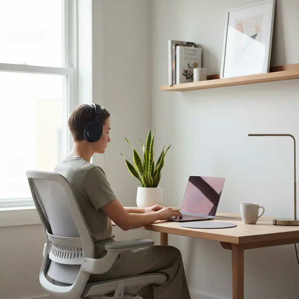 Hyper-focused individual working in a minimalist, distraction-free home office setup.