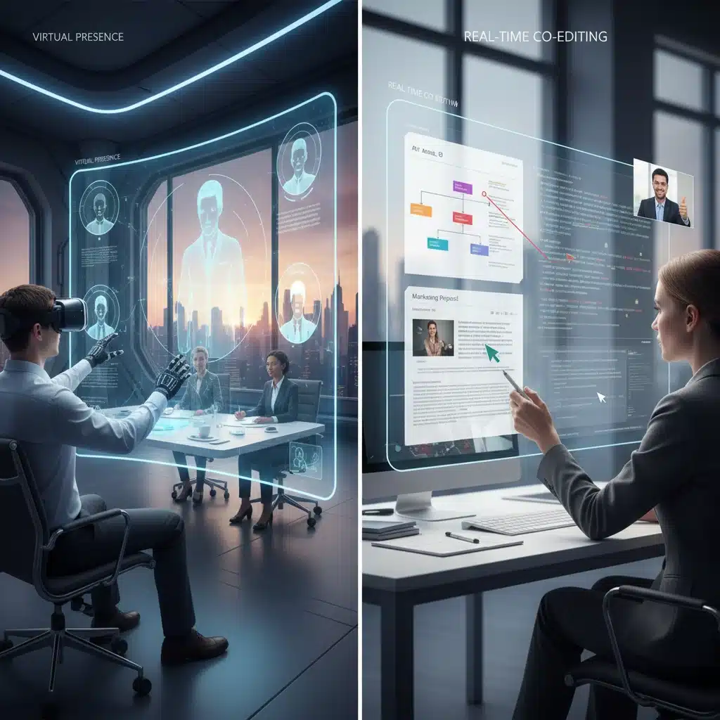 Team members using immersive virtual meeting and real-time co-editing tools