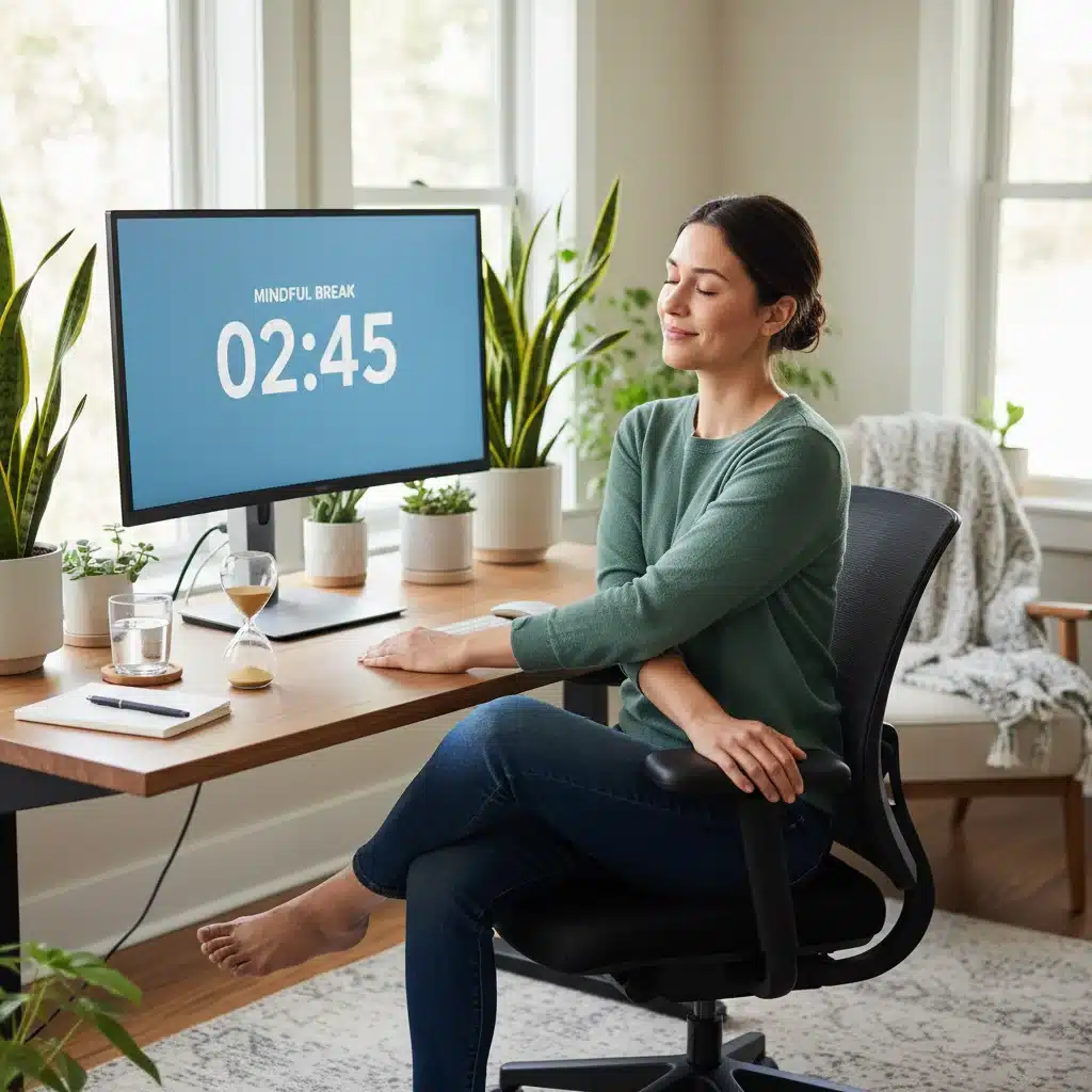 Person taking a mindful break during remote work to reset focus.