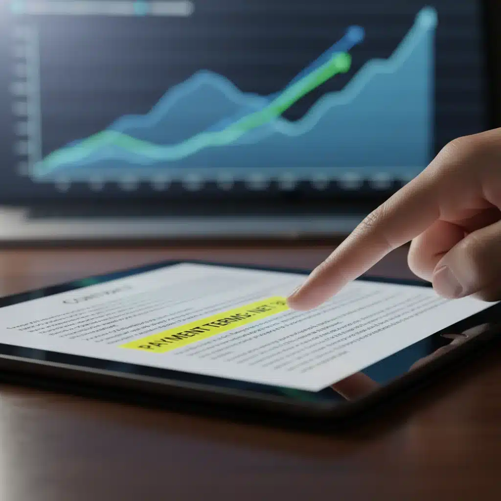 Hand pointing to 'Net 30' payment terms in a freelance contract.