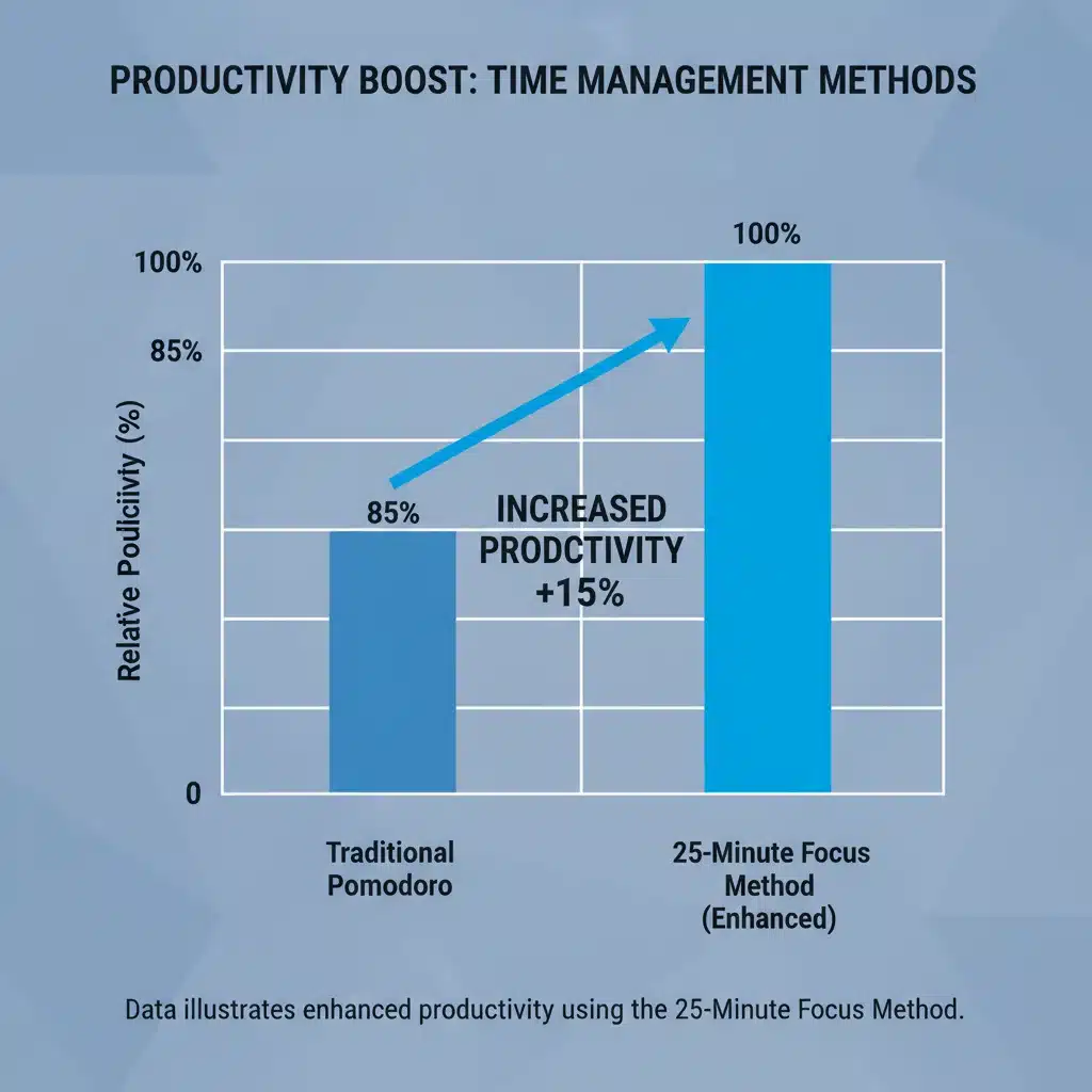Bar chart showing a 15% productivity increase with the 25-minute focus method