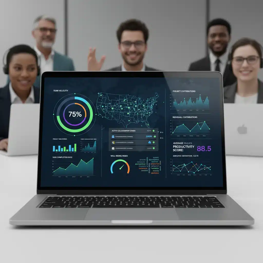 Data analytics dashboard showing remote team productivity metrics for US companies