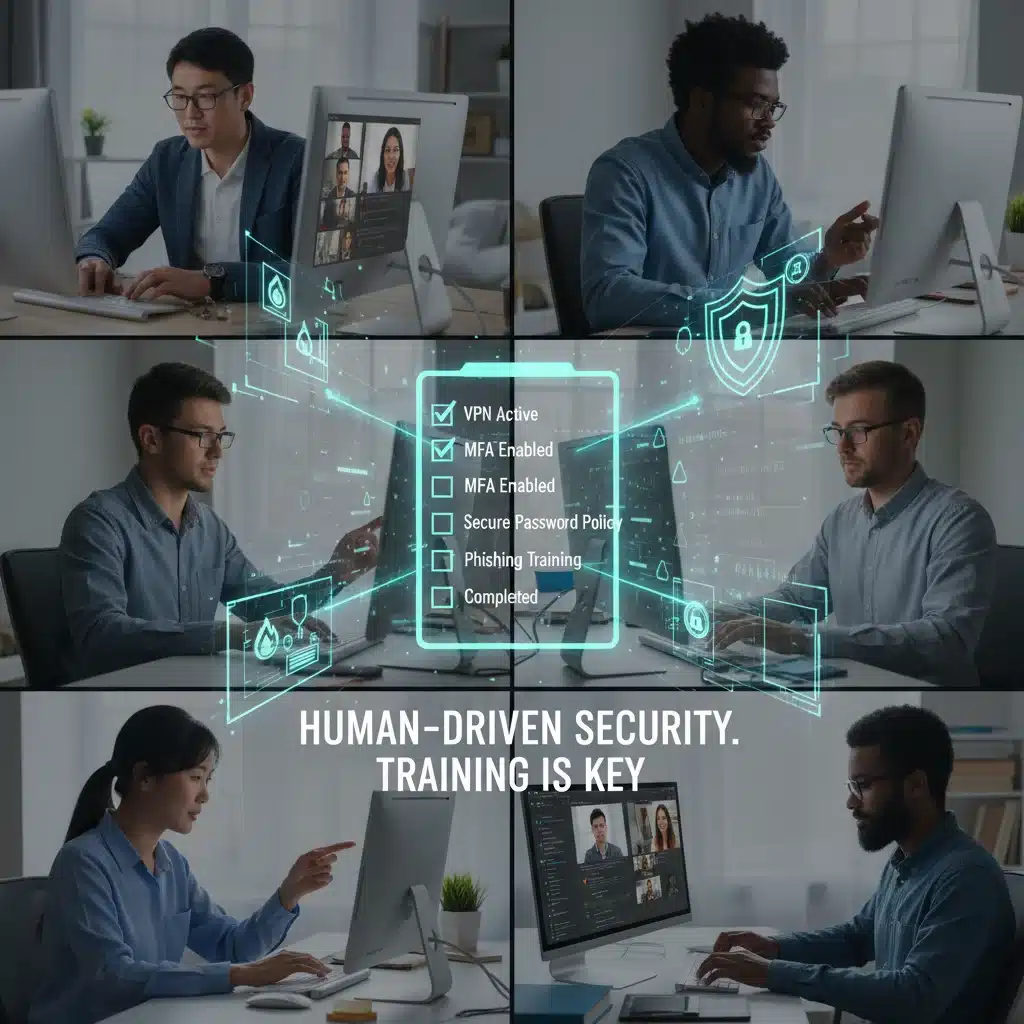 Remote team collaborating securely with cybersecurity protocols and compliance checklist
