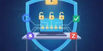 Secure remote work setup with cybersecurity shield and productivity tools