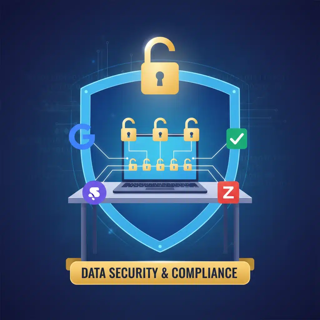 Secure remote work setup with cybersecurity shield and productivity tools