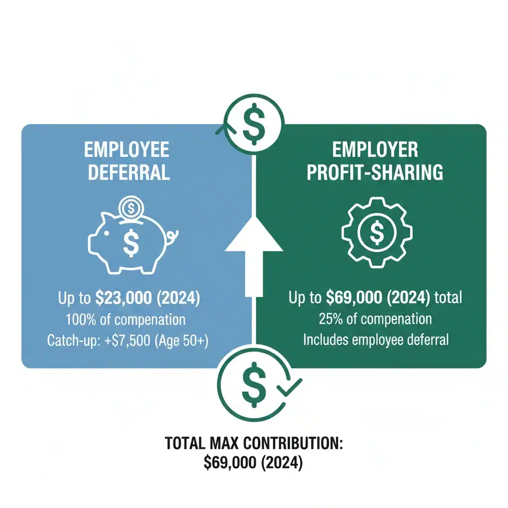 Infographic showing Solo 401(k) employee and employer contribution components.