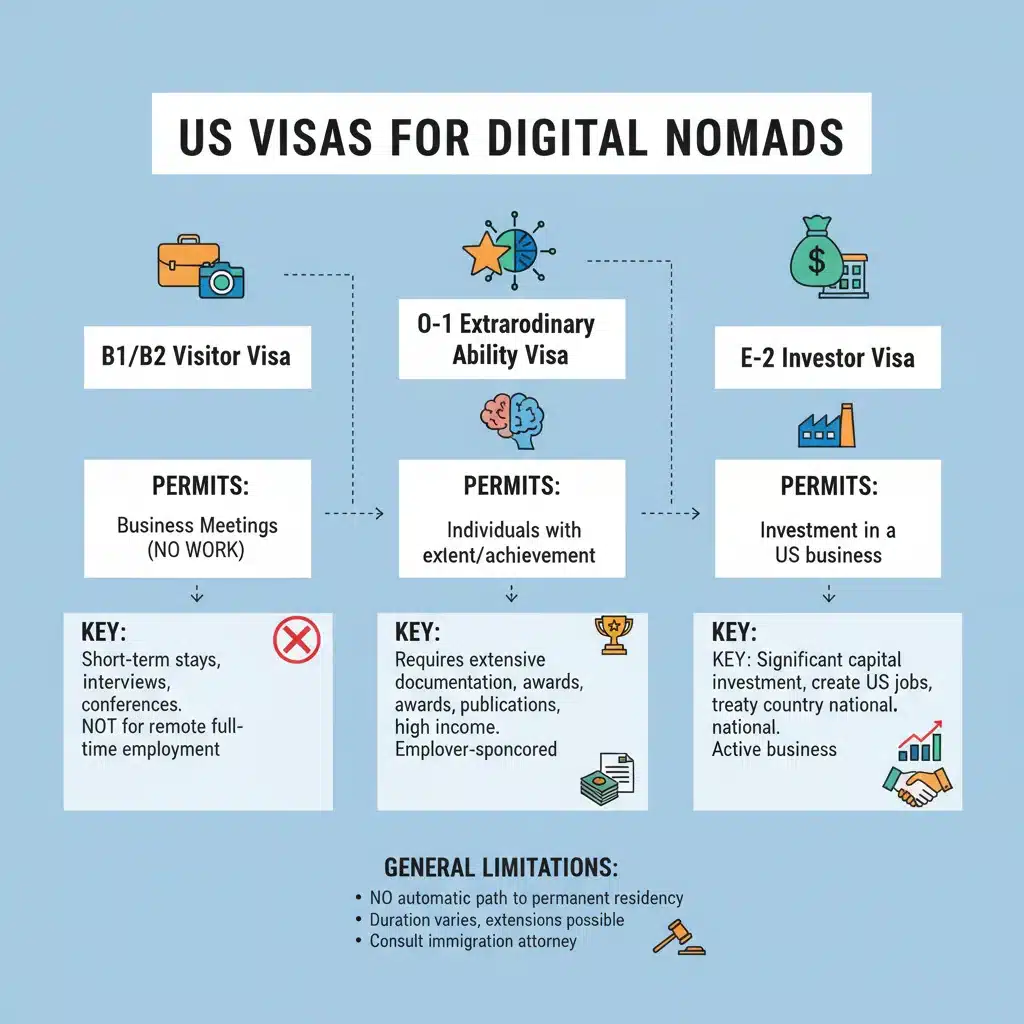 Infographic showing various US visa types and their relevance for digital nomads, including B1/B2, O-1, and E-2.