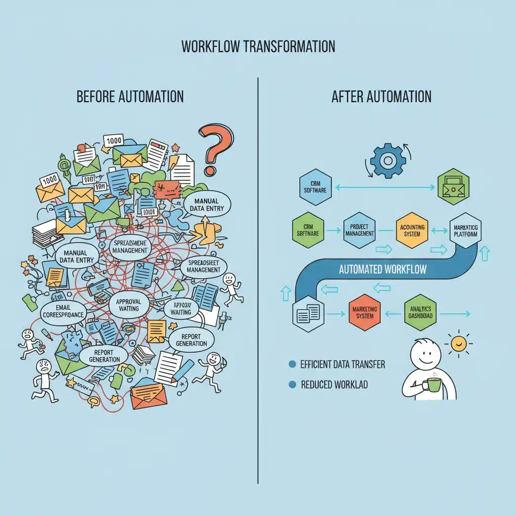 Infographic comparing manual workflow to automated streamlined workflow