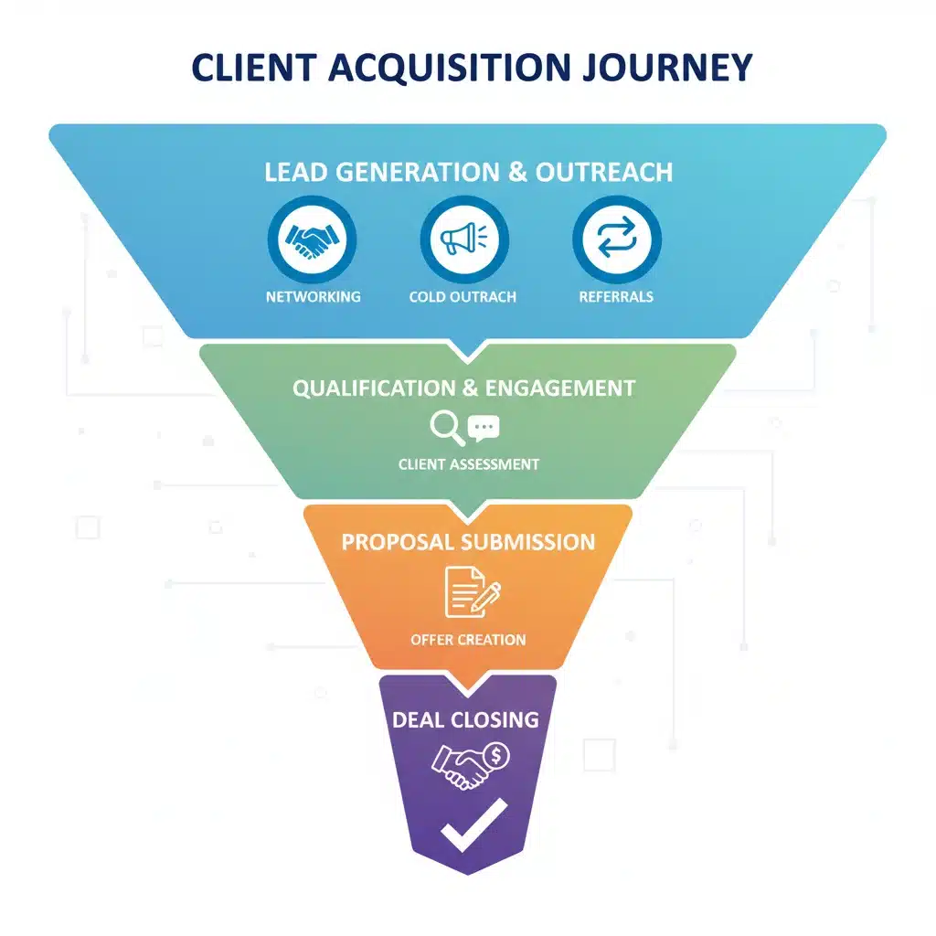 Client acquisition funnel illustrating lead generation to conversion for freelancers