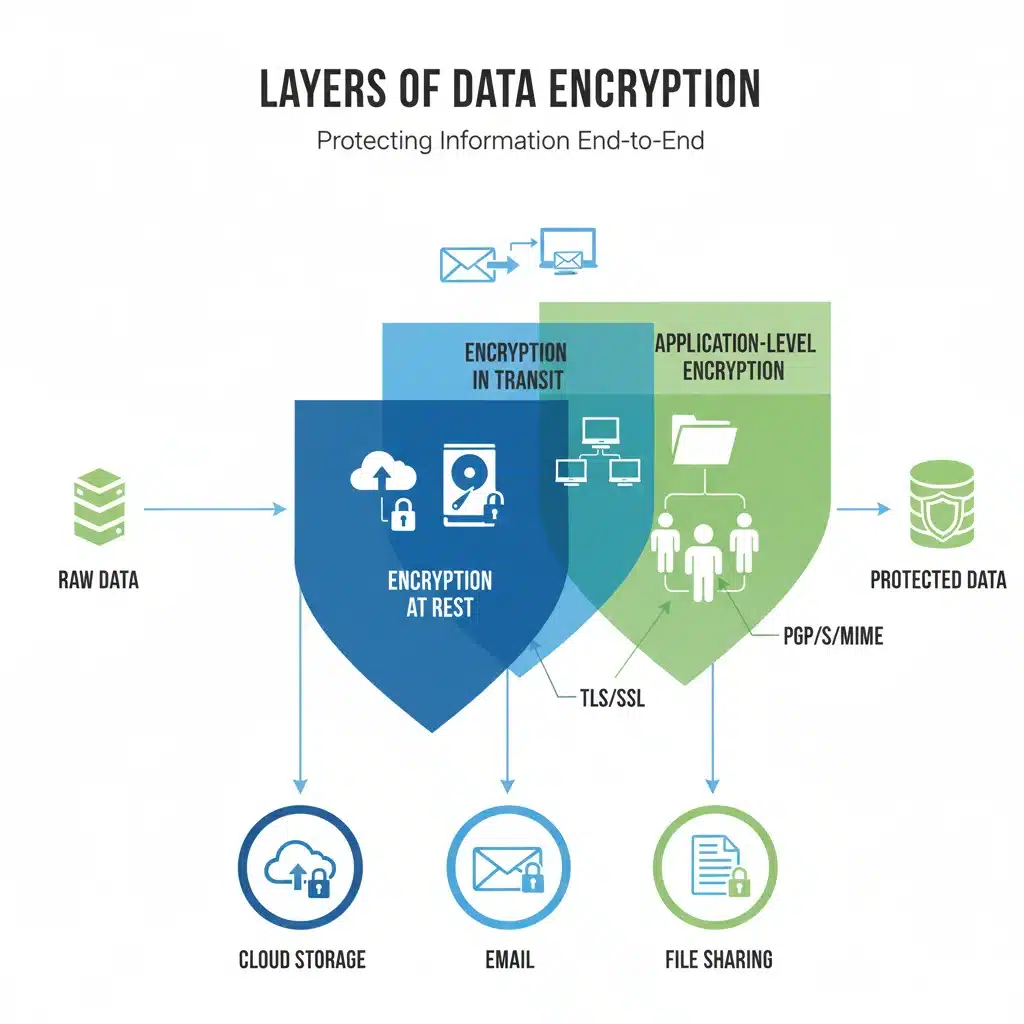 Infographic showing multiple layers of data encryption for cloud storage, email, and file sharing.