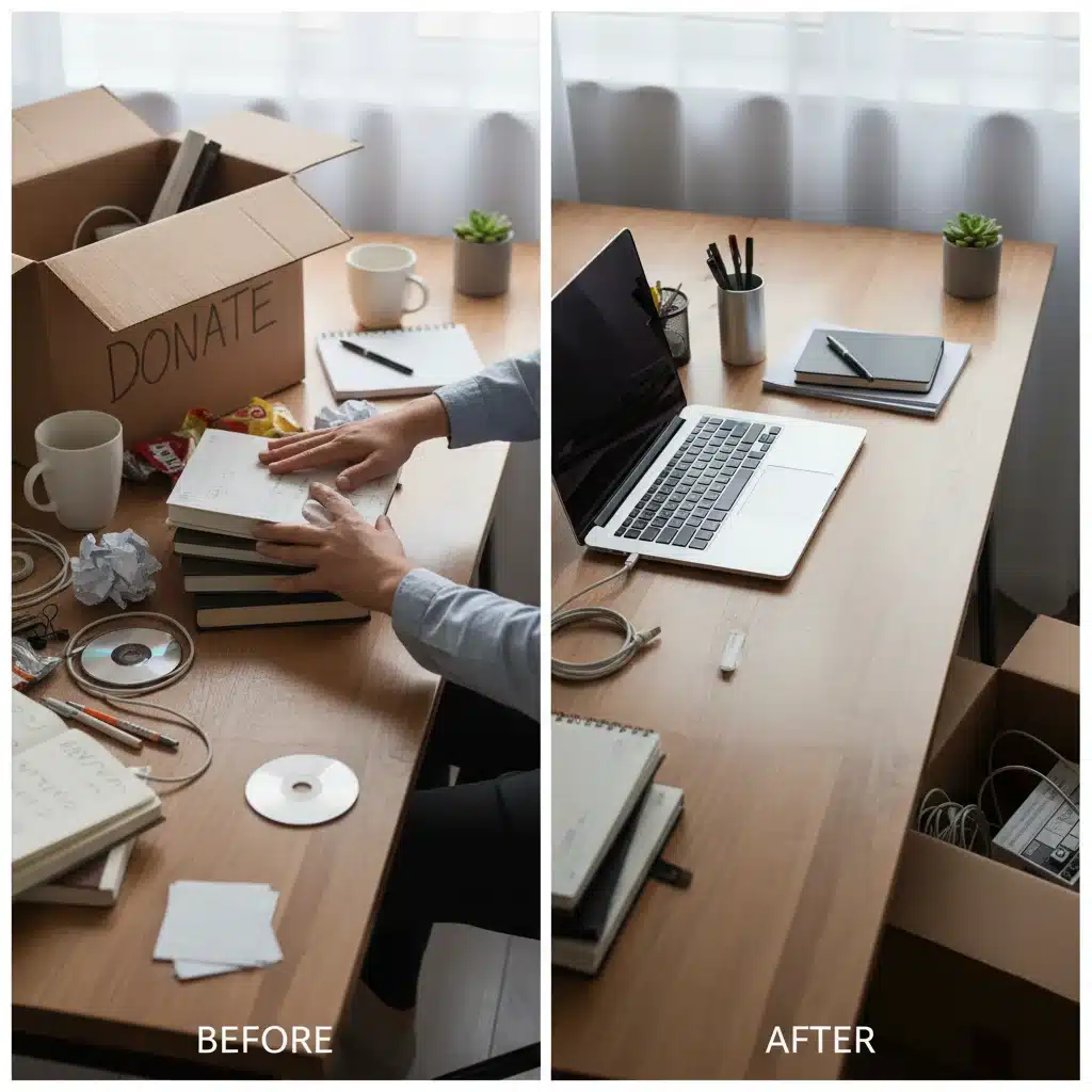 Hand decluttering desk removing distractions