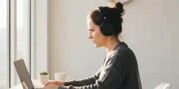 Person engaged in deep work with headphones and laptop, focused on a task in a serene office setting.