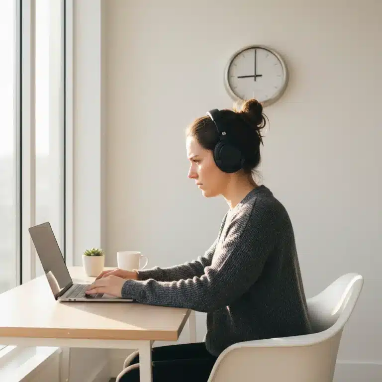 Person engaged in deep work with headphones and laptop, focused on a task in a serene office setting.