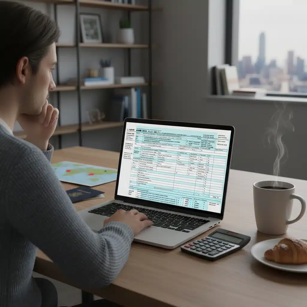 Person reviewing complex tax forms for digital nomad tax compliance in the US.
