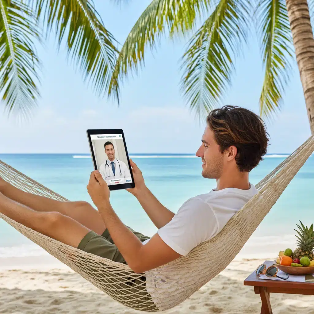 Digital nomad on a tropical beach using telehealth for a doctor's consultation.