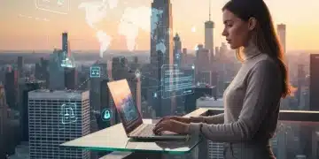 Digital nomad working on laptop with US skyline in background, symbolizing 2026 visa changes for remote workers.