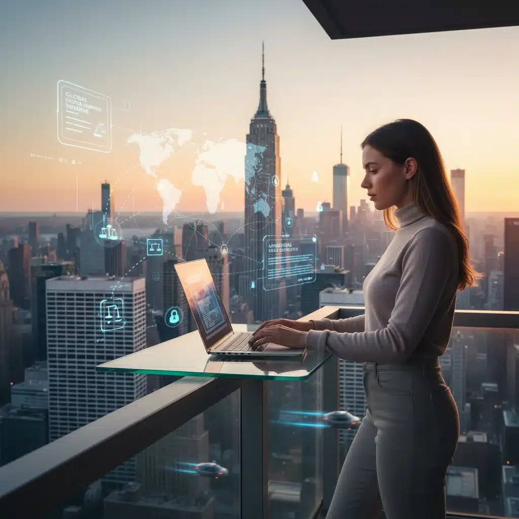 Digital nomad working on laptop with US skyline in background, symbolizing 2026 visa changes for remote workers.