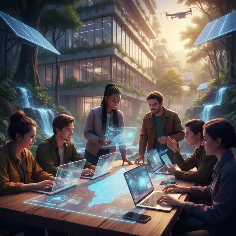 Diverse group of digital nomads working collaboratively in an inspiring, non-traditional US location.