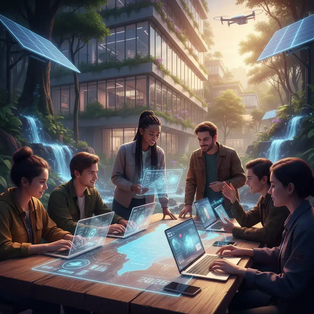 Diverse group of digital nomads working collaboratively in an inspiring, non-traditional US location.