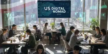 Digital nomads working in a US city co-working space, symbolizing remote work and residency in 2026.