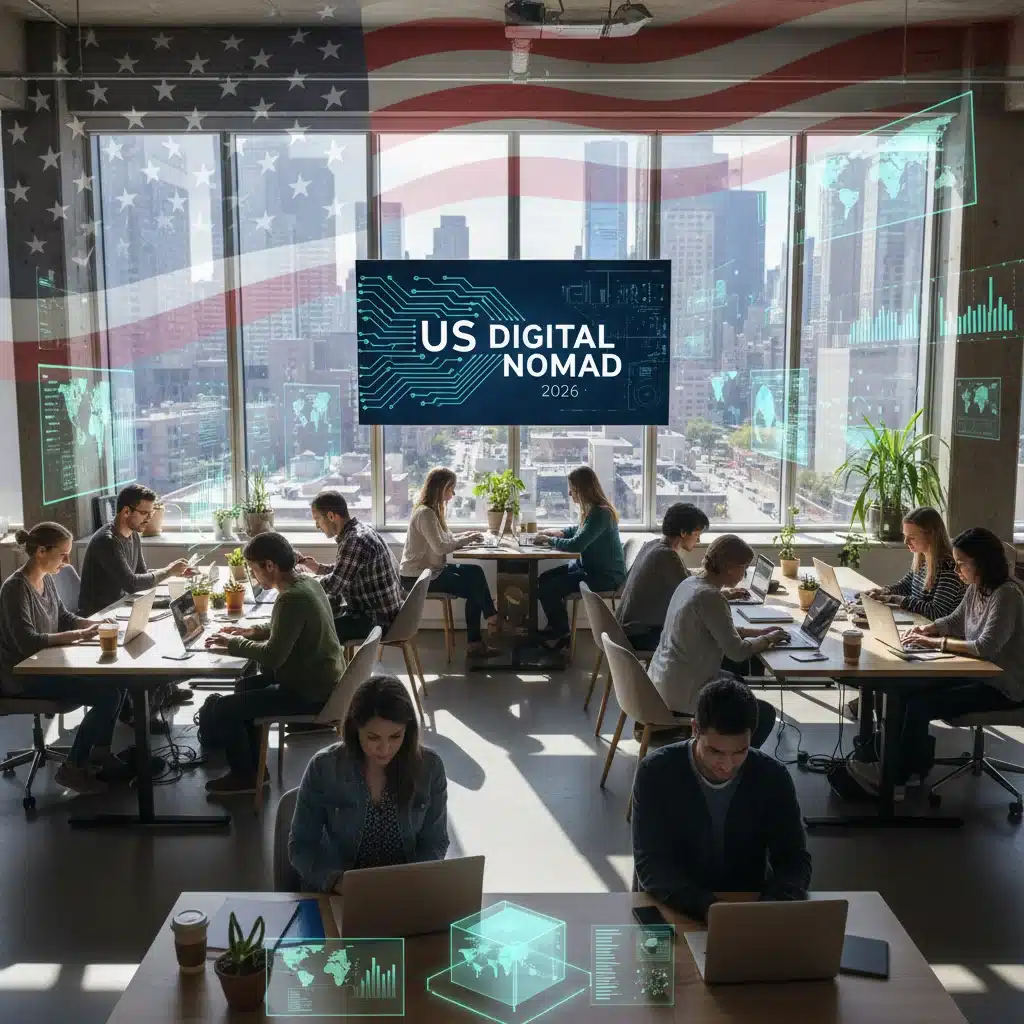 Digital nomads working in a US city co-working space, symbolizing remote work and residency in 2026.