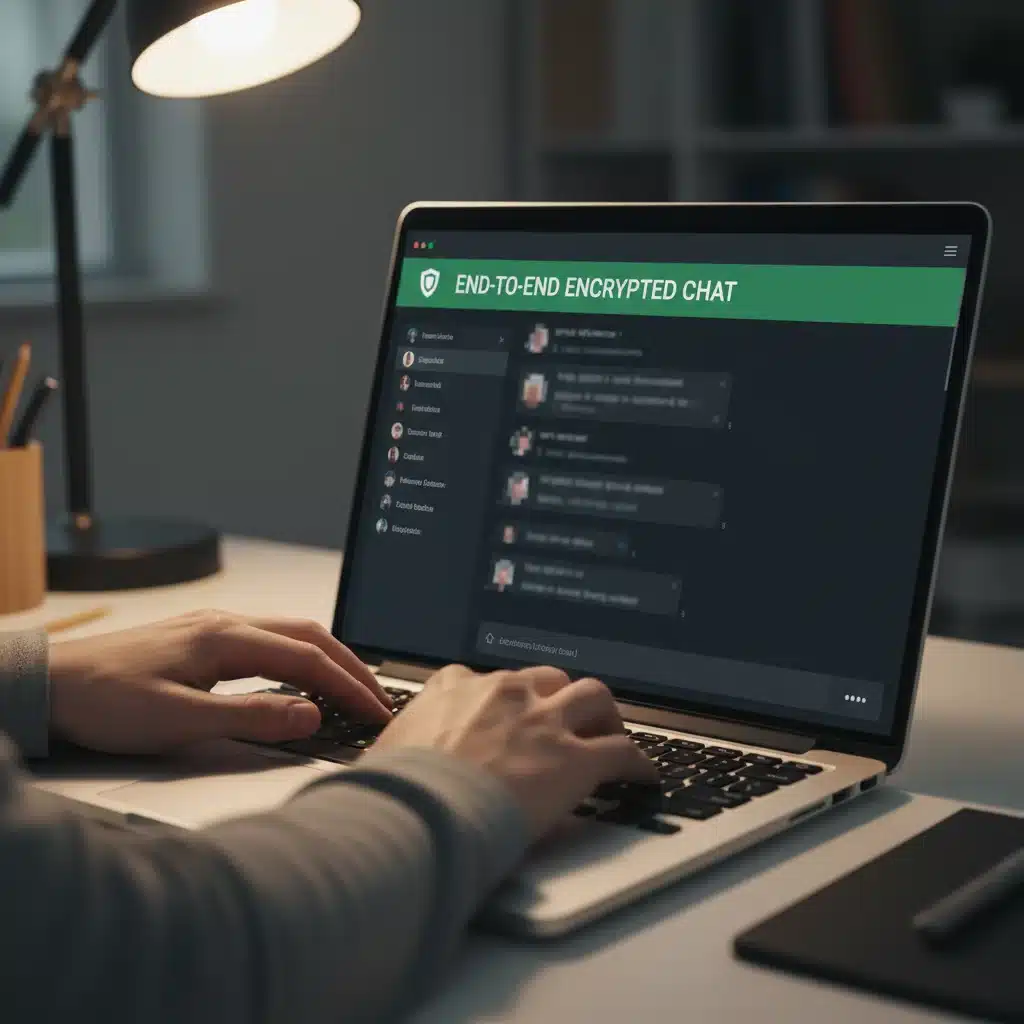 Laptop displaying secure messaging app with end-to-end encryption for confidential communication.